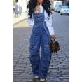 thumbnail image 2 of Women's Denim Jumpsuit Elastic Waist Straight Leg Y2K Cargo Jeans Summer Bib Jumpsuit with Pockets, 2 of 5