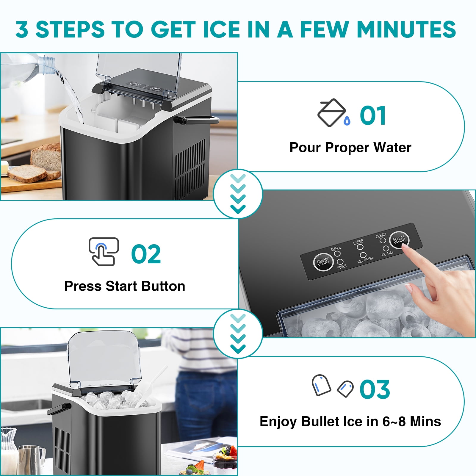 CONCETTA Countertop Ice Maker, Machine Self-Cleaning, 2 Sizes Bullet Ice, Portable Ice Machine with Ice Scoop, Basket and Handle, Black