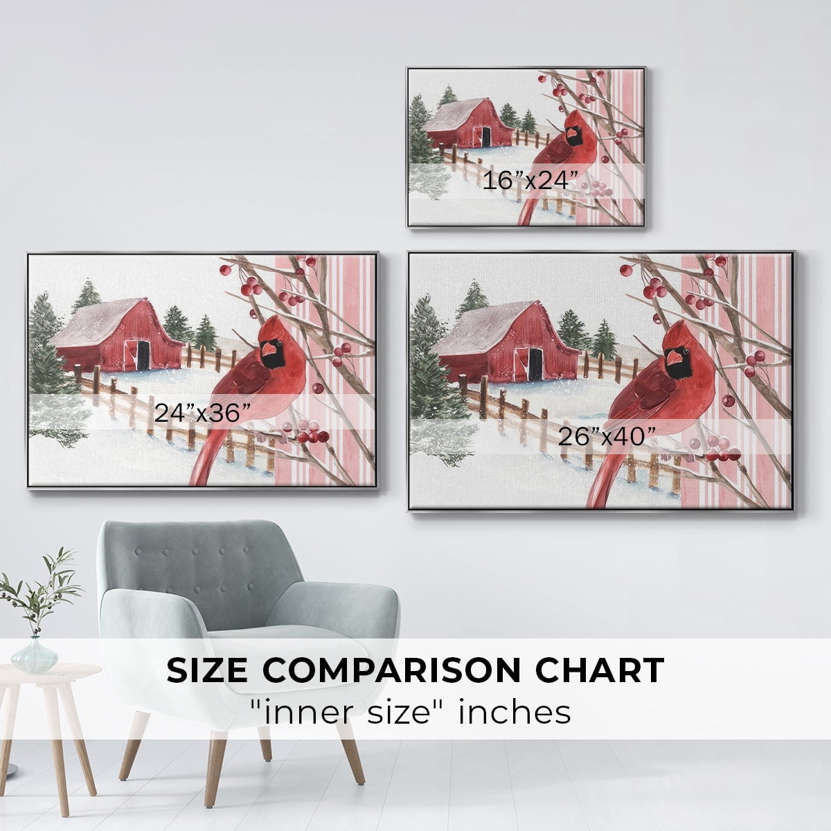 Winter Cardinal Collection A - Framed Gallery Wrapped Holiday Canvas - 25 x 37 - Silver Frame