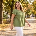 thumbnail image 4 of GRACE & GRANDEUR Blusas de Talla Grande para Mujeres con Textura Plisada y Volantes, Manga Corta, Cuello Redondo, Tops Casuales 4X Verde Oliva, 4 of 7