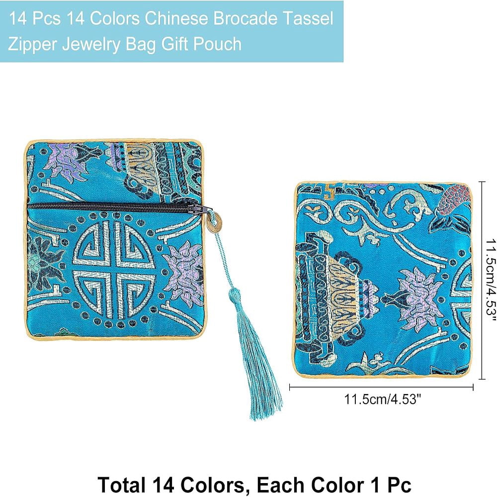 14Pcs 14 Colors Chinese Brocade Tassel Zipper Jewelry Bag Gift Pouch Square Mixed Color 11.5x11.5cm 1pc/color