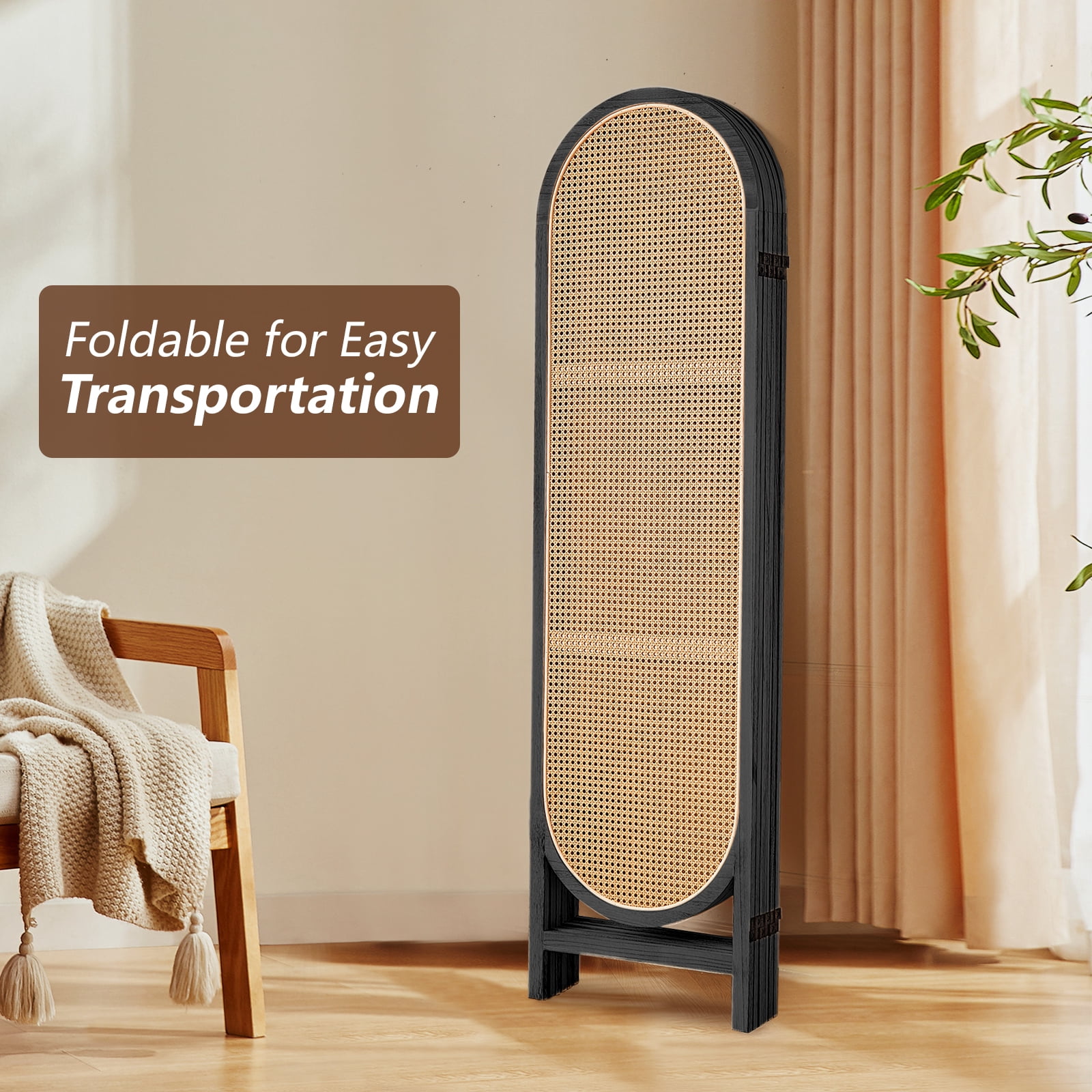 ALeesing 6 Panels Wood Rattan Room Divider, Folding Privacy Screens, No Installation, Light Brown