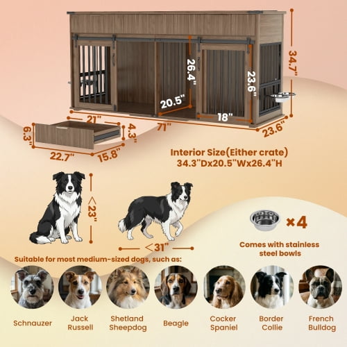 71'' Furniture Style Double Dog Crate with 3 Fluted Drawers and Waterproof Walnut Woodgrain Tabletop,Large Dog Kennel Furniture with Type-C Power Outlet & Rotating Feeders for Heavy Duty Dogs(Walnut)