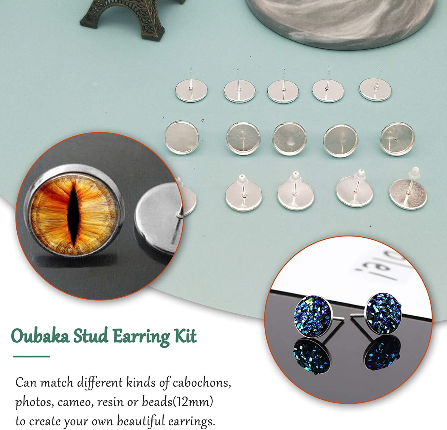 Blank Stud Earring Bezel Silver,200Pcs Stud Earring Kit Includes 100Pcs Cup Post Earrings and 100Pcs Rubber Earring Backs for DIY Jewelry Findings,Earring Making Supplies - image 3 of 5