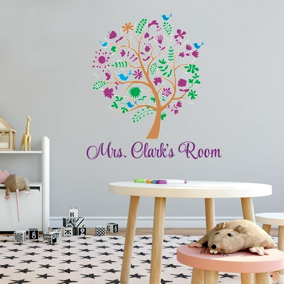 Home Watercolor Custom Name Wall Decals for Bedroom - Spring Tree Different Leaves & Flowers Plants & Trees Personalized Bedroom Wall Sticker Water Color Style - Size: 36 In x 40 In
