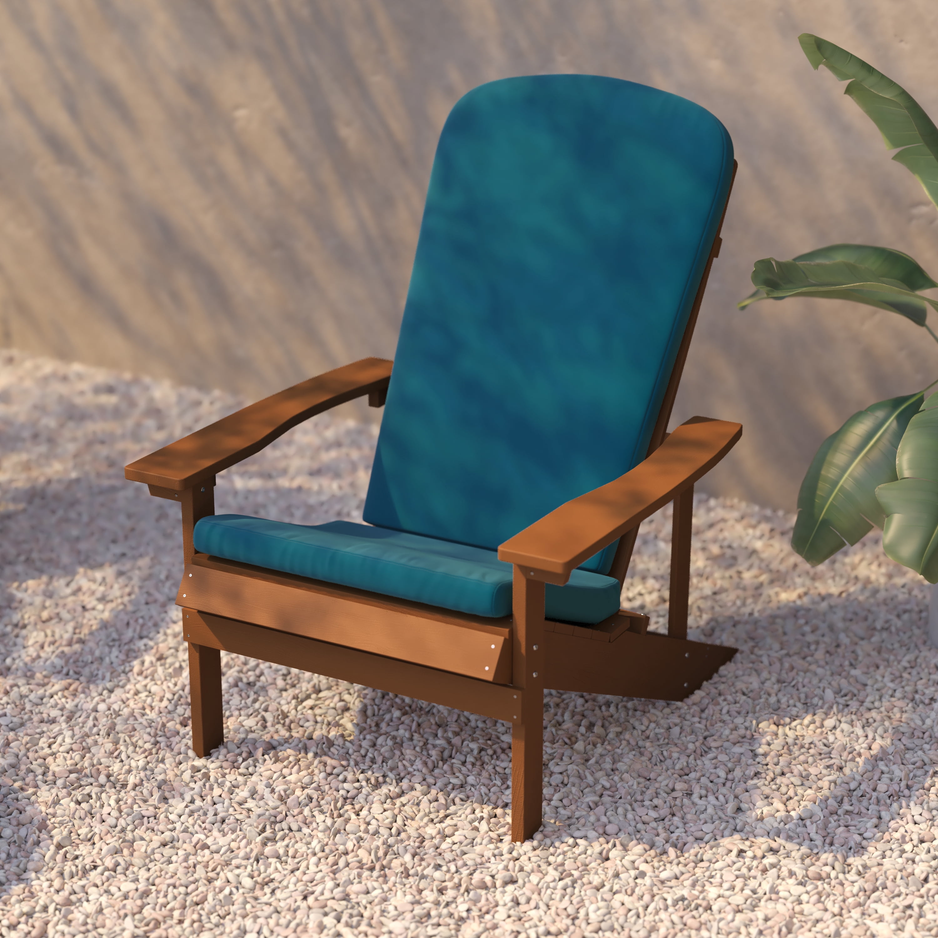 BizChair Set of 2 All-Weather Poly Resin Wood Adirondack Chairs in Teak with Teal Cushions for Deck, Porch, and Patio
