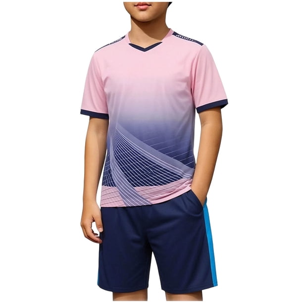 Odeerbi Niños Niñas Rápido Seco Juego de Entrenamiento de Fútbol Gradiente Geométrico Cuello En V Camiseta Shorts Conjunto Atlético Para 5-17 Años