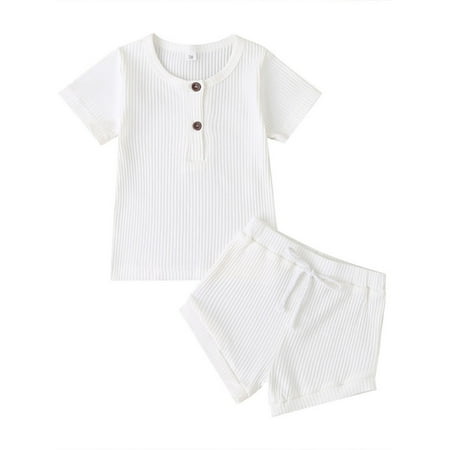 

Baby Boys Girls Summer Outfits Cotton Ribbed Knitted Short Sleeve T-shirts Tops+Shorts 2Pcs Kids Tracksuits 0-2T