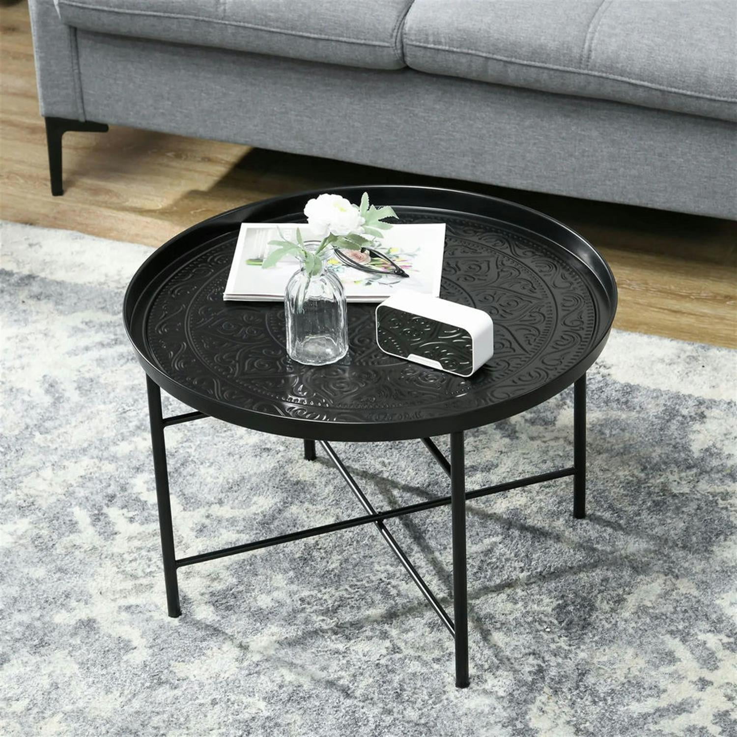Demi Bonn 24" Round Living Room Coffee Table with Hammered Metal Frame, Pewter for Bedroom, Stylish Center Table, Black