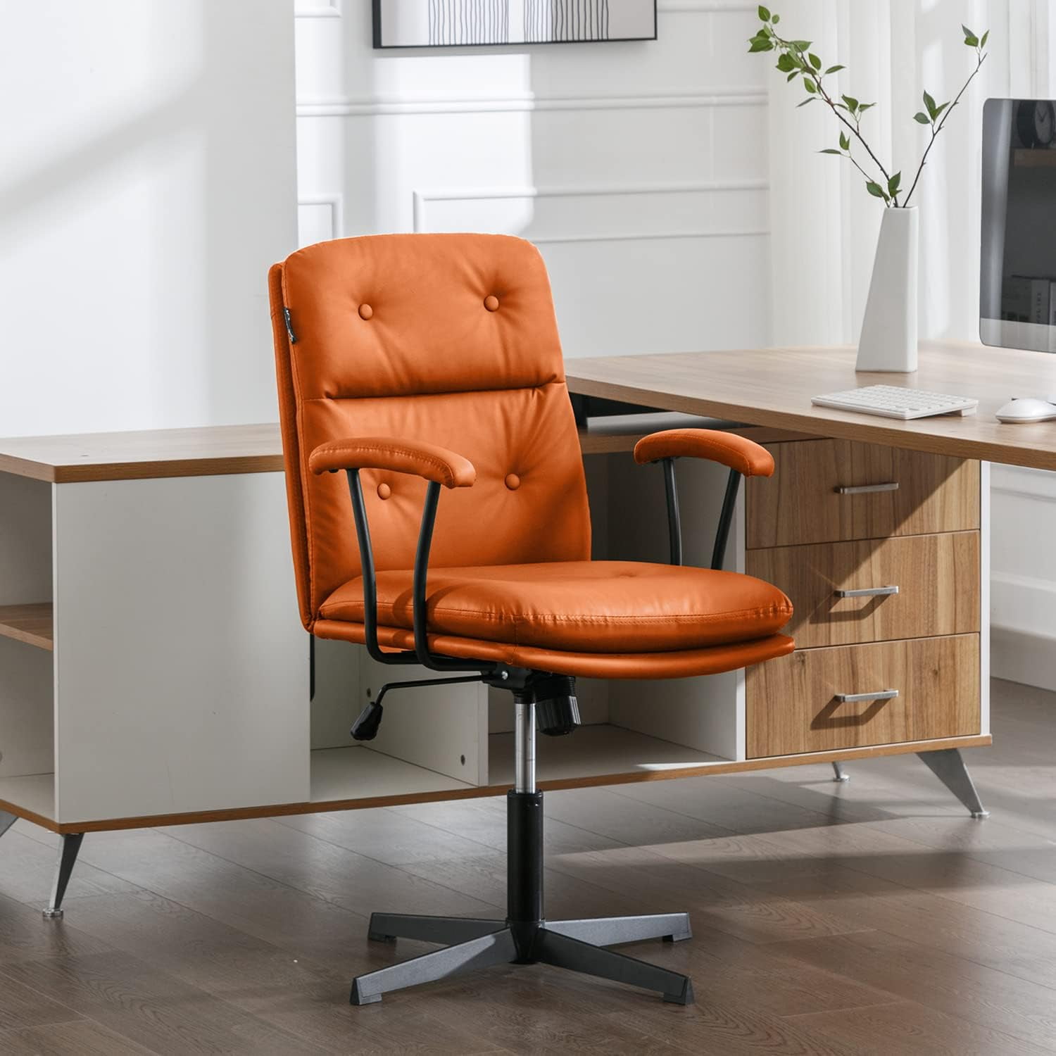 Office Desk Chair No Wheels, Swivel Chair with Retro Wooden Armrests