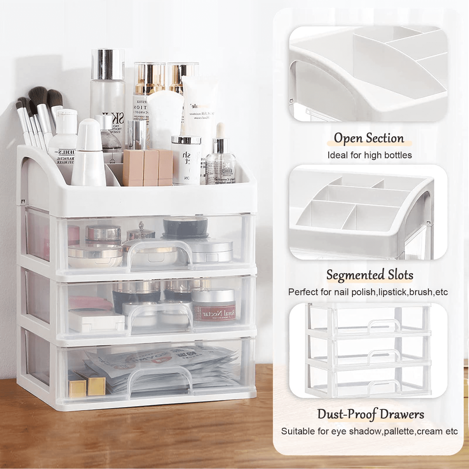 Annvchi Cosmetic Organizer with 3 Drawers Skincare Organizer Suitable for Dressing Tablebathroom Counter and Dressing Table(White)