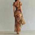 thumbnail image 5 of Womens Multicolor Floral Print Chiffon Maxi Dress, Square Neck Puff Sleeve Bodycon Dress With Side Slit, 5 of 6