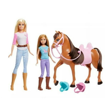 Barbie and Stacie Sisters Horse Riding Dolls and Horse Playset with Double 2 Seater Saddle, Bridle, Helmets