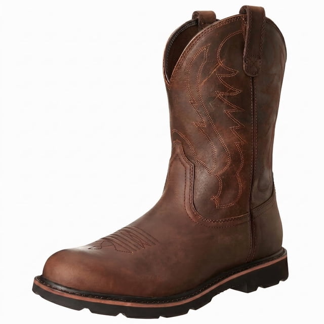 Men's Pull-On Round Toe Western Cowboy Work Boots, Mid-Calf Embroidered Outdoor Casual Boots
