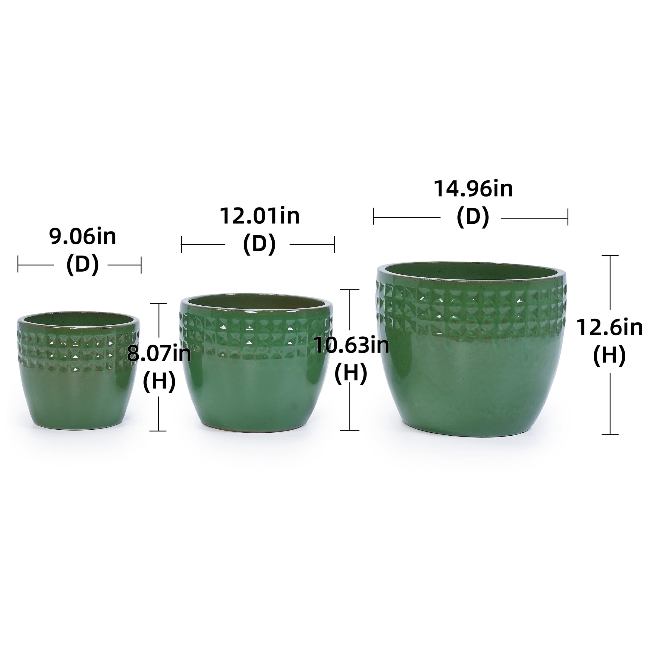 Noble House Modern Shirley Ceramic Flowerpot Set, Glossy Finish with Integrated Drainage, Set of 3, Antique Green