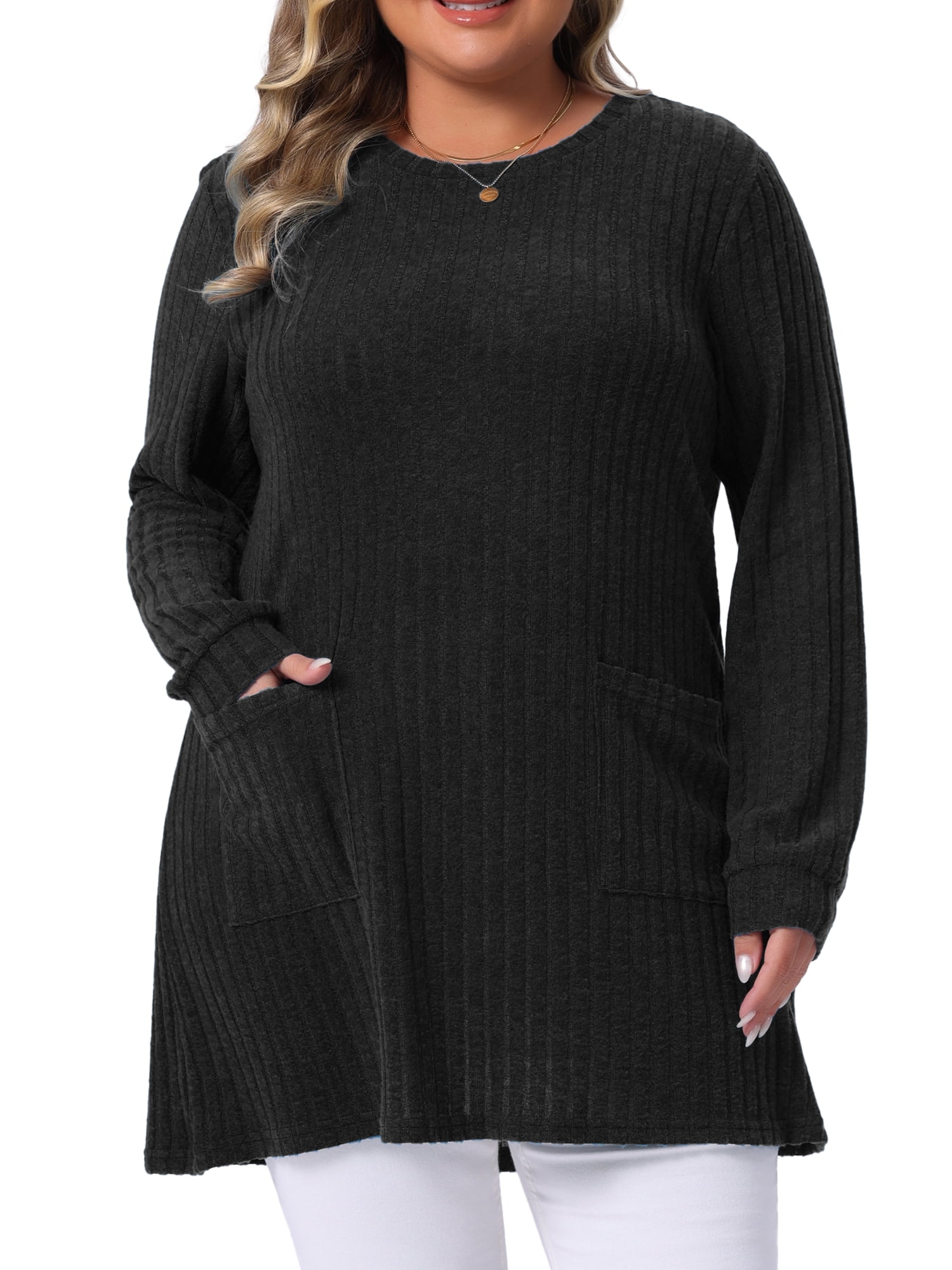 DARING DIVA Women's Plus Sweaters Round Neck Knit Loose Pocket Pullover Top 2X Black