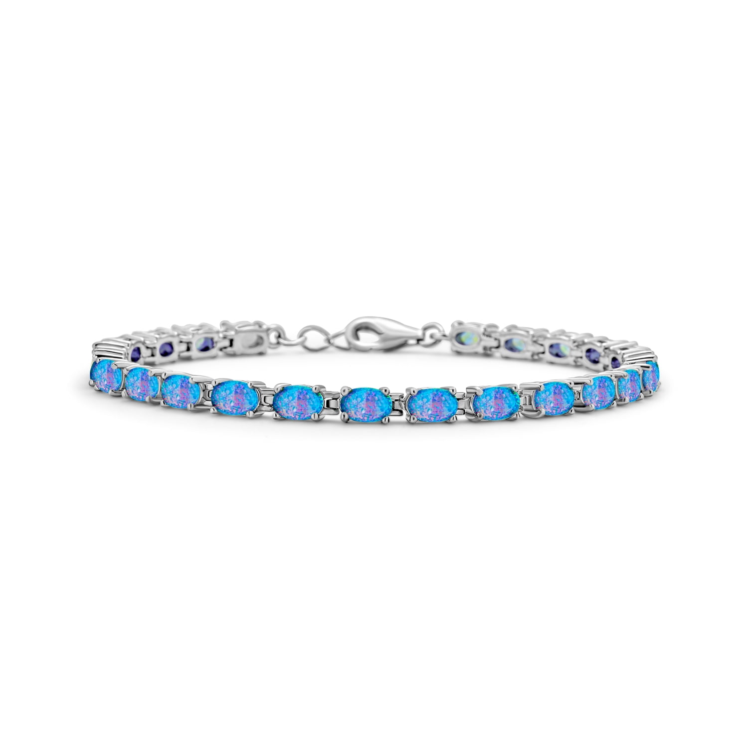 Sterling Silver Synthetic Opal Bangle Bracelet Women CZ Stones 7.25 inch Wrists 
