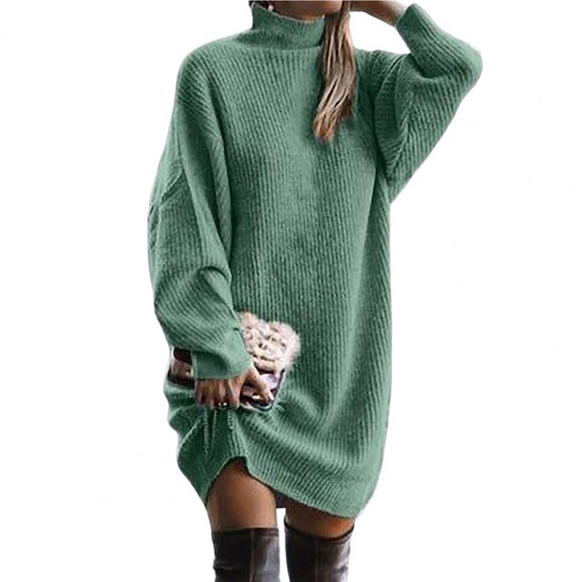 Popular hasta la rodilla mujer invierno tejido Color sólido Jersey vestido tejido de talla grande transpirable vestido de mujer ropa de calle