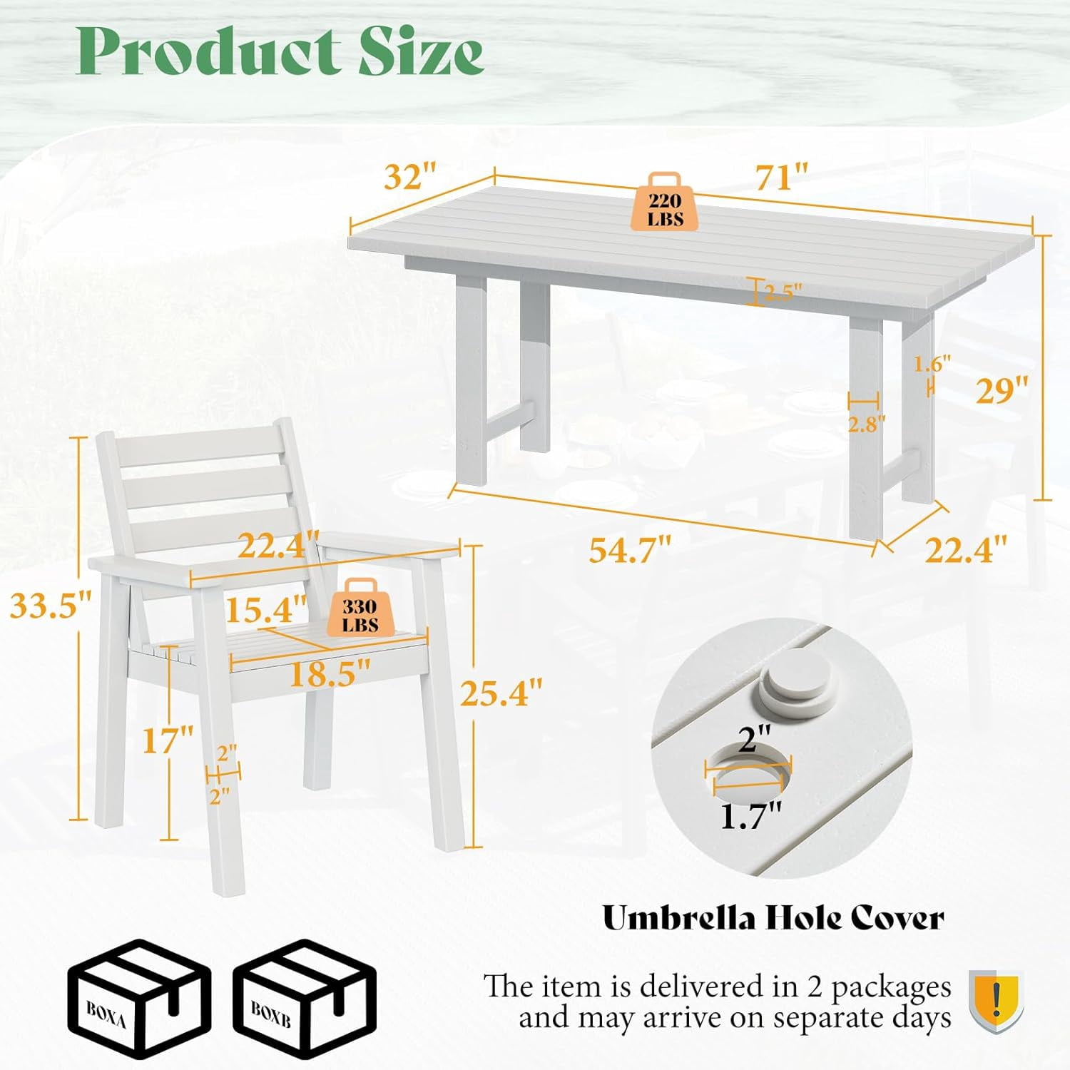 LUXOAK 7 Piece HDPE Outdoor Dining Set, 71" Table with 6 Chairs, Patio Furniture, White