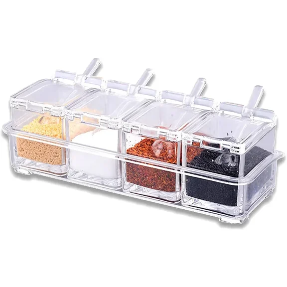 Four Clear Compartment Seasoning Box,Crystal Storage Container With Spoon,Lid,And Storage Base, Used For Salt, Sugar, And Pepper