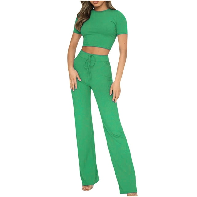 Yuyuzo Womens 2 Piece Lounge Sets Ribbed Knit Crop Top and Wide Leg Pants with Pockets S-XXL