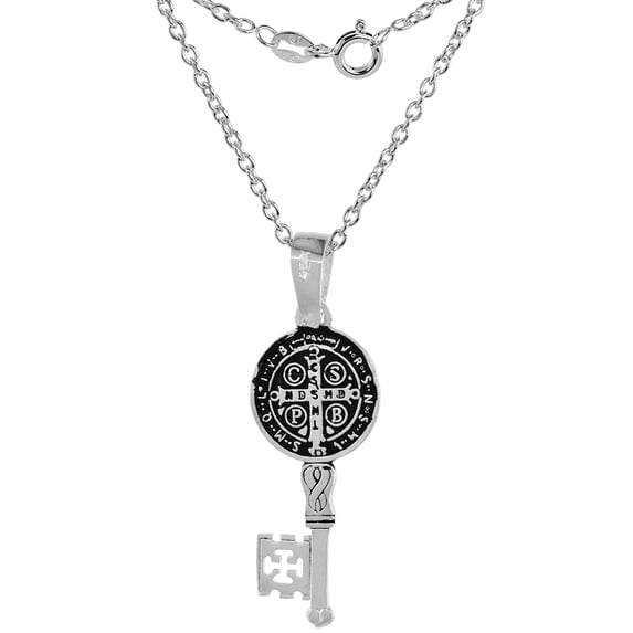 Sterling Silver Saint Benedict Medal Key Medal Handmade 1 1/16 inch (27mm) tall 24 inch R_50