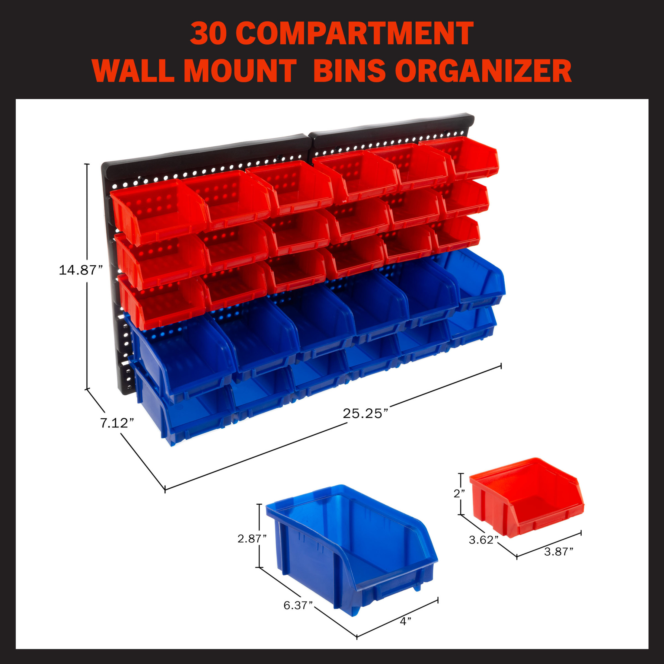 Stalwart Wall-Mounted 30-Compartment Garage Storage Bins (Red/Blue)