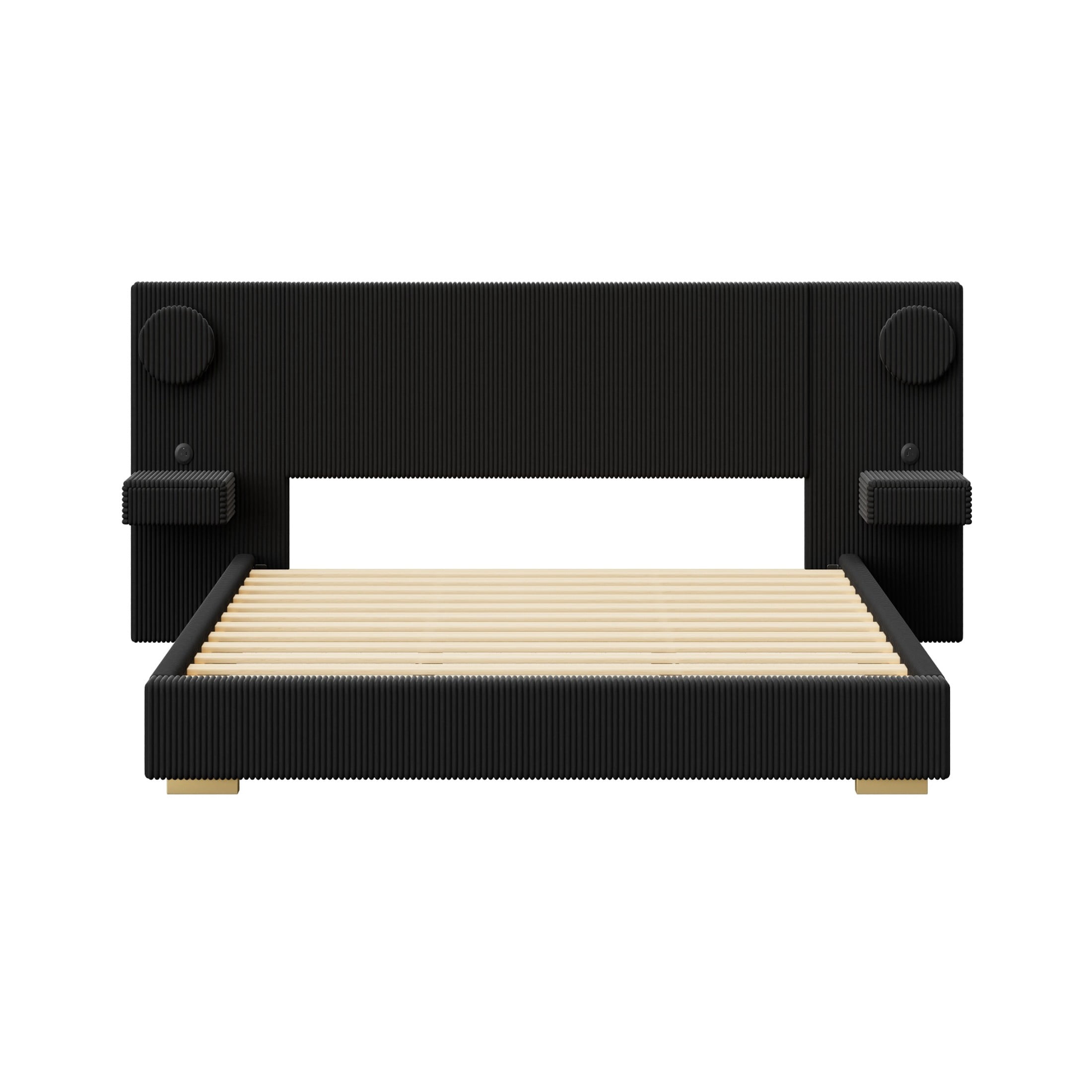 Noble House Dellas King Size Upholstered Platform Bed with LED Lights, Charging Ports & Side Storage Drawers, Black