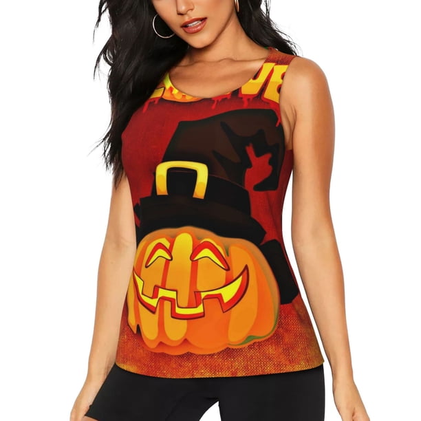 Fotbe Halloween Pumpkin Blusas Sin Mangas para Mujer – Estilo Casual, Corte Suelto, Slim-Fit, Cuello Redondo Deportivo, Tops de Verano para Gimnasio y Yoga-Large