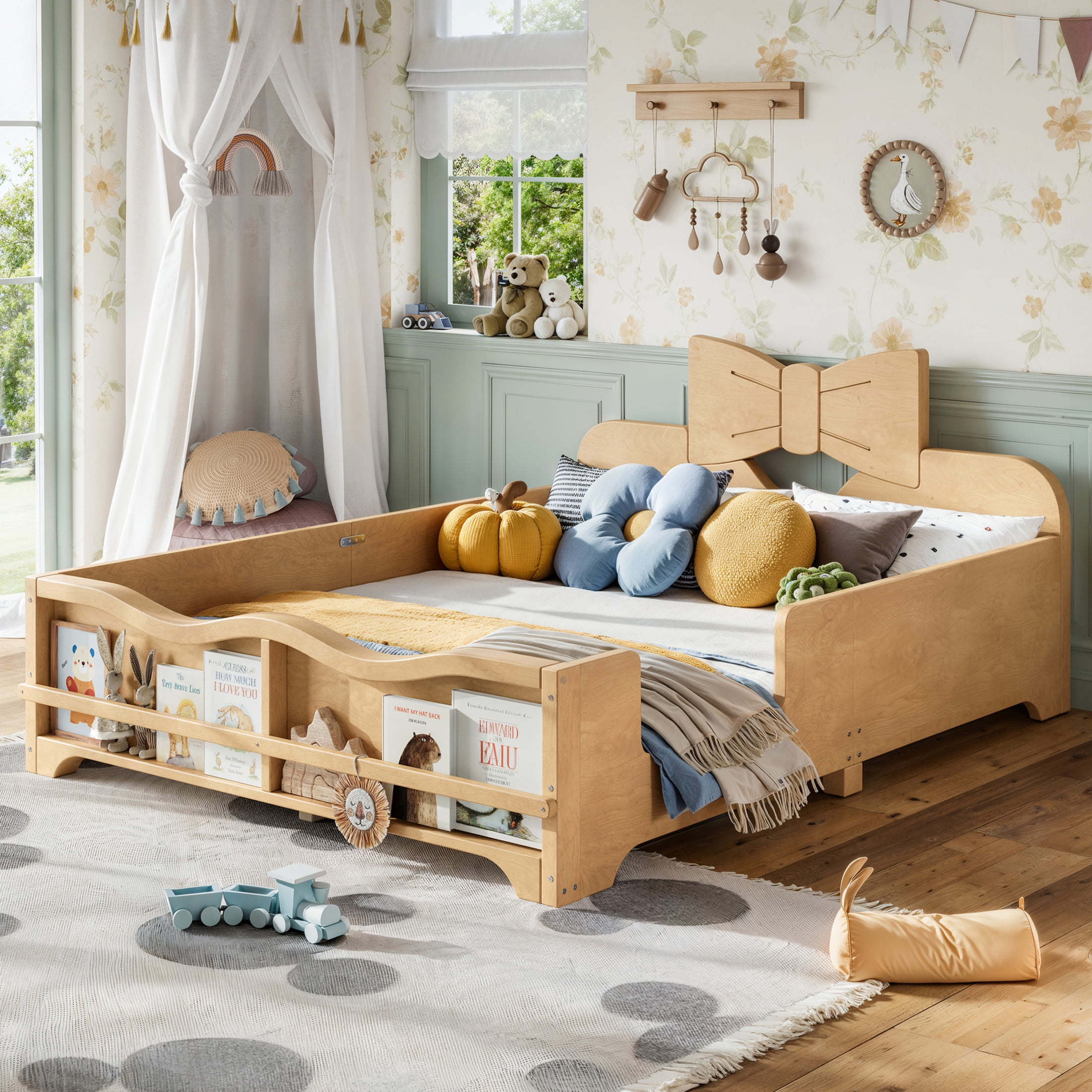 GDF Studio Full Size Kids Platform Bed with Bowknot Headboard, Guardrails & Bookshelf, Natural