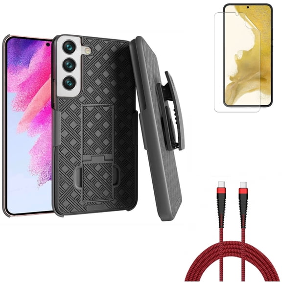 Matte Screen Protector & 10ft PD Cable & Case Belt Clip for Samsung Galaxy S22 (6.1") - TPU Film Anti-Glare & Type-C to USB-C Charger Cord & Holster Swivel Accessory Bundle
