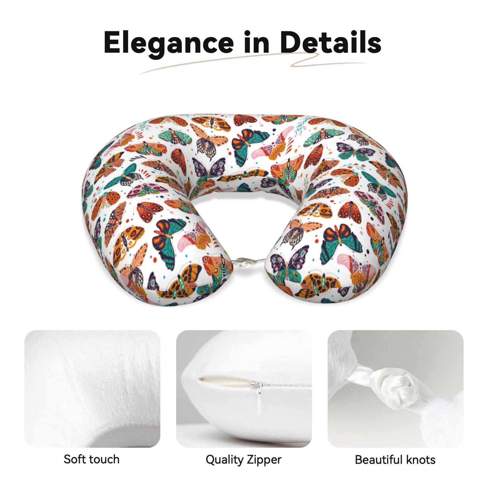 Xecao Colorful Butterfly Print Memory Foam Cervical Neck Pillow Versatile U-Shaped Pillows for Home,Office,Camping,Travelling,Soft Washable Cover