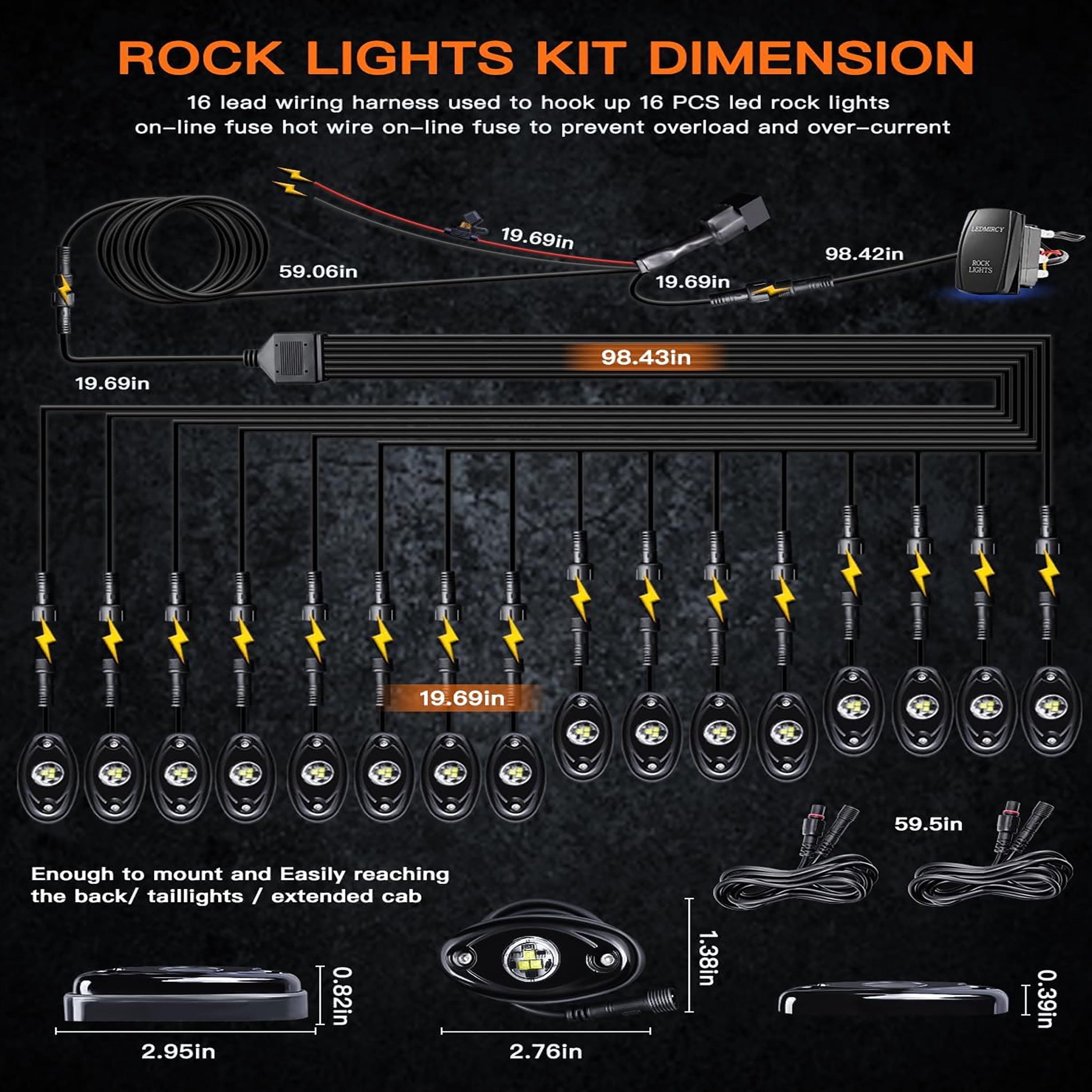 LEDMIRCY R1 Pure White Rock Lights 16PCS with Switch Wiring Harness, High Power Waterproof Underglow for Utv Atv off Road Trucks