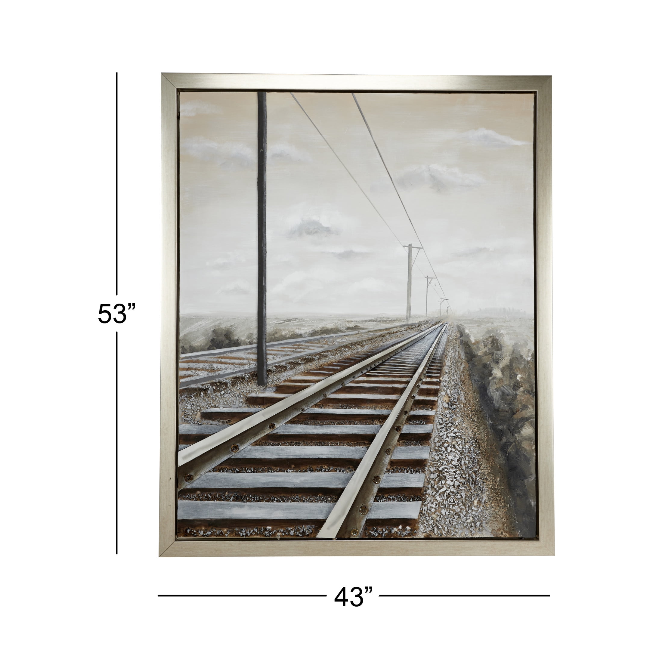 44" x 53" Railroad Track Landscape Framed Wall Art with Silver Frame, by DecMode