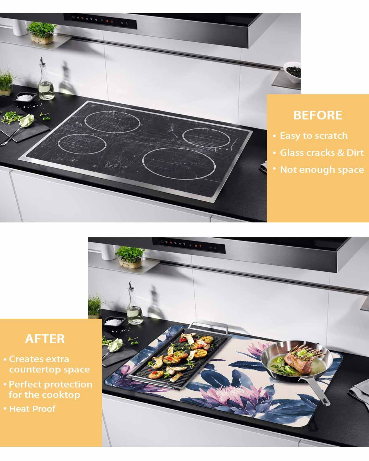 nqOlkjepod Large Induction Cooktop Protector Mat 24"x21", Blue Purple Botanical Stove Top Covers for Electric Stove, Spring Flowers Summer Rustic Stove Burner Cover Mats, Glass Top Stove Cover
