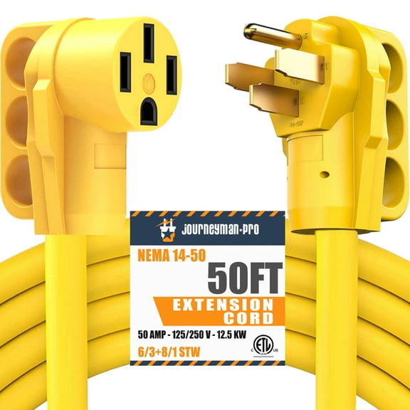 Journeyman-Pro 50A RV Power Extension Cord (Safety Yellow), Black Grip Handle w/Power Indicator - 15, 25, 50 Feet Length Compatible with 125/250V - 50 AMP EV Charging, 14-50P/R, ETL Listed (50 Feet)