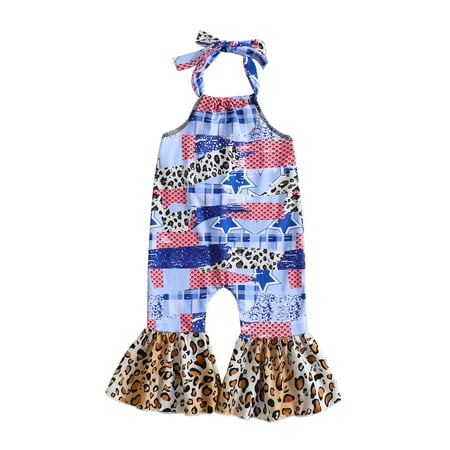 

Wassery Baby Toddler Girls 4th of July Jumpsuit 6M 12M 18M 2T 3T 4T Kids Girl Summer Sling Jumpsuit Sleeveless Halter Hanging Neck Rompers Leopard Stars Print Suspender Pants Bodysuit One Piece 6M-4T