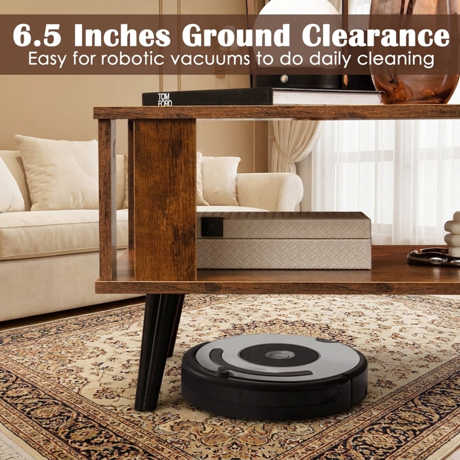 Furnibear Compact Retro Mid-Century Coffee Table with Storage Open Shelf - Rustic Brown - Living Room Cocktail Center Table