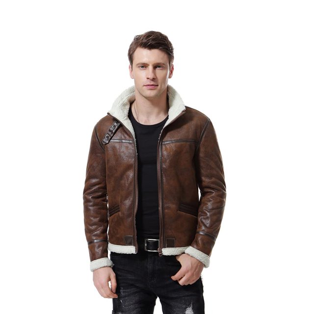 AOWOFS Chaqueta de piel sintética para hombre, color marrón, estilo bomber, ante de piel de oveja, cuello alto