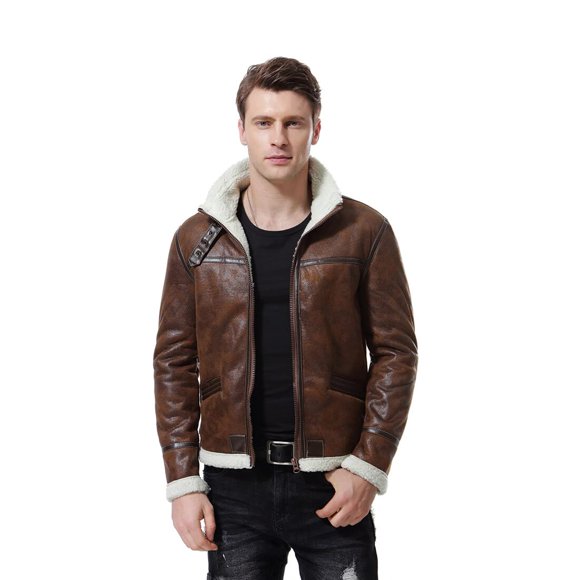 AOWOFS Chaqueta de piel sintética para hombre, color marrón, estilo bomber, ante de piel de oveja, cuello alto