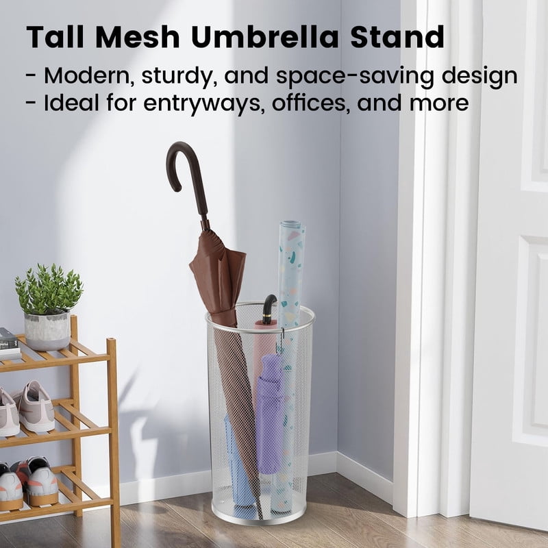 DUNCHATY 4-Pack 20" Metal Round Umbrella Stand Rack, Freestanding Umbrella Holder Bin, Canes Walking Sticks Holder and Wrapping Paper Storage Organizer, Silver