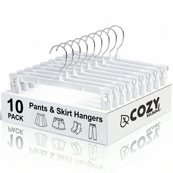 Cozymood Pants Hangers, 10 Pack Skirt Hangers Space Saving, 12 inch Non Slip Plastic Bottoms Hangers with Clips, Clips Hangers for Shorts, Skirt, Bottoms, Jeans