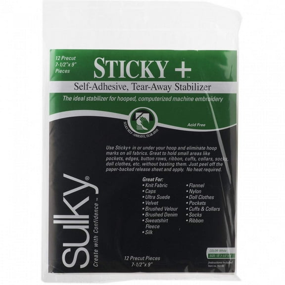 Sulky Sticky Plus Self-Adhesive Tear-Away White Stabilizer White 12 Sheets 7-1/2-Inch x 9-Inch