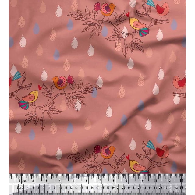 Soimoi Poly Crepe Fabric Feather,Branch & Bird Kids Decor Fabric Printed Yard 52 Inch Wide
