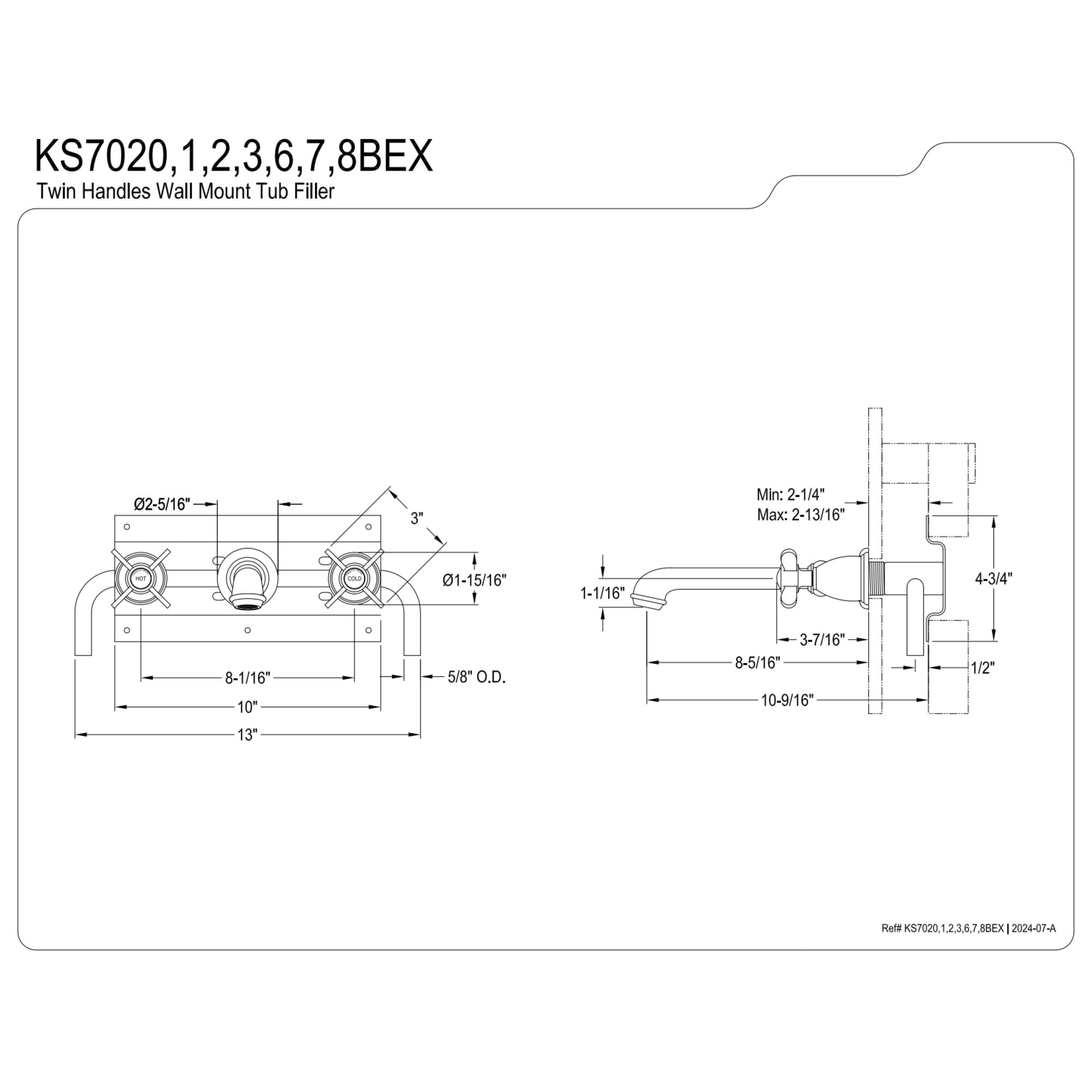 Kingston Brass KS7027BEX Essex Two-Handle Wall Mount Roman Tub Faucet, Brushed Brass