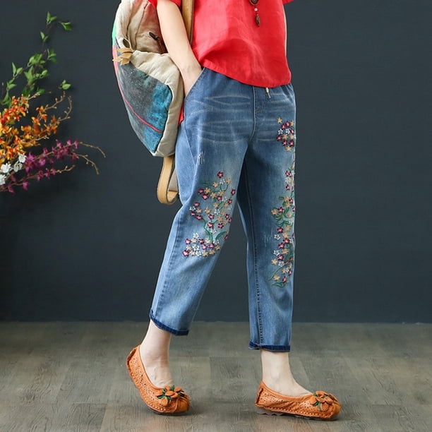WILLBEST Jeans Mujer Pantalones Vaqueros de Cintura Alta para Mujer, Casuales, Cómodos, Elásticos, Con Detalle de Bordado para Uso Diario. 785 Mediana