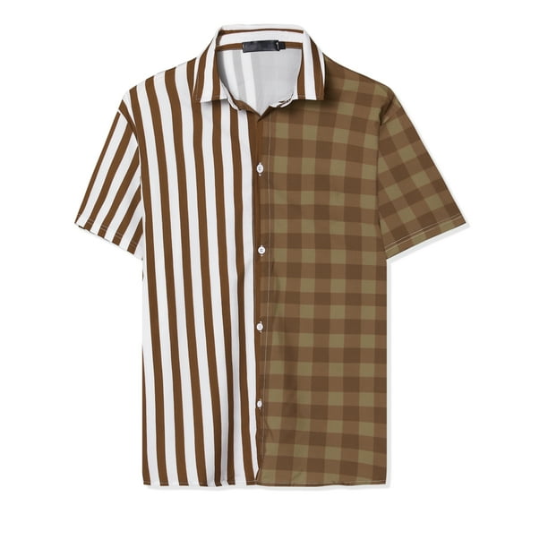 INSPIRE CHIC Camisa de cuadros a rayas estampada con botones y manga corta en color en contraste para hombre Cafe Blanco L