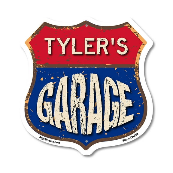 Tyler's Garage 12 inch X 12 inch Shield-Shaped Rust-Free Aluminum Metal Sign Weather Resistant, UV Protected To last, Gift for Dads and Uncles Classic Americana Crafted in the USA