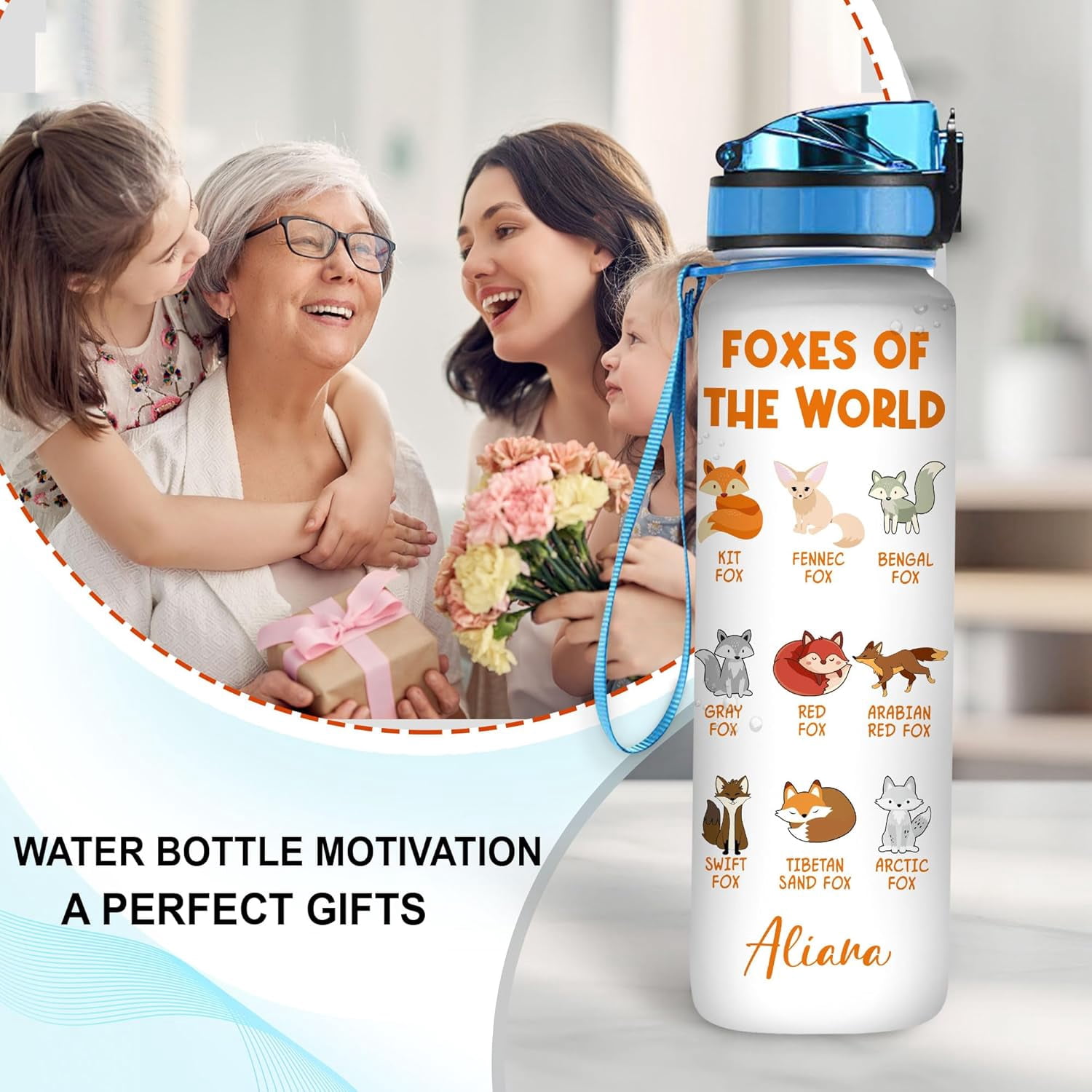 Personalized Fox Lovers 32 Oz 1Liter Motivational Water Bottle, Foxes Of The World Custom Name Water Bottle With Time Marker, Animal Lover Gifts For Women Girl On Birthday, Mother Day's