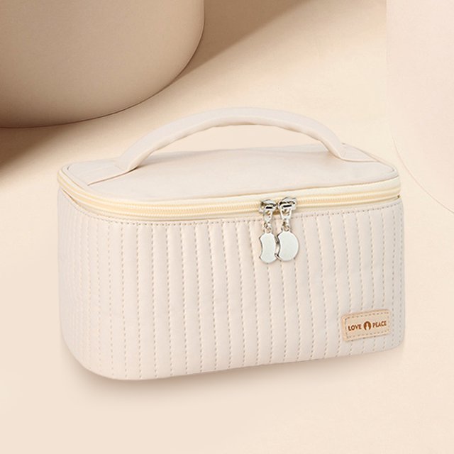 Bolsa de cosméticos portátil de PU de gran capacidad con asa de color sólido para mujeres y niñas